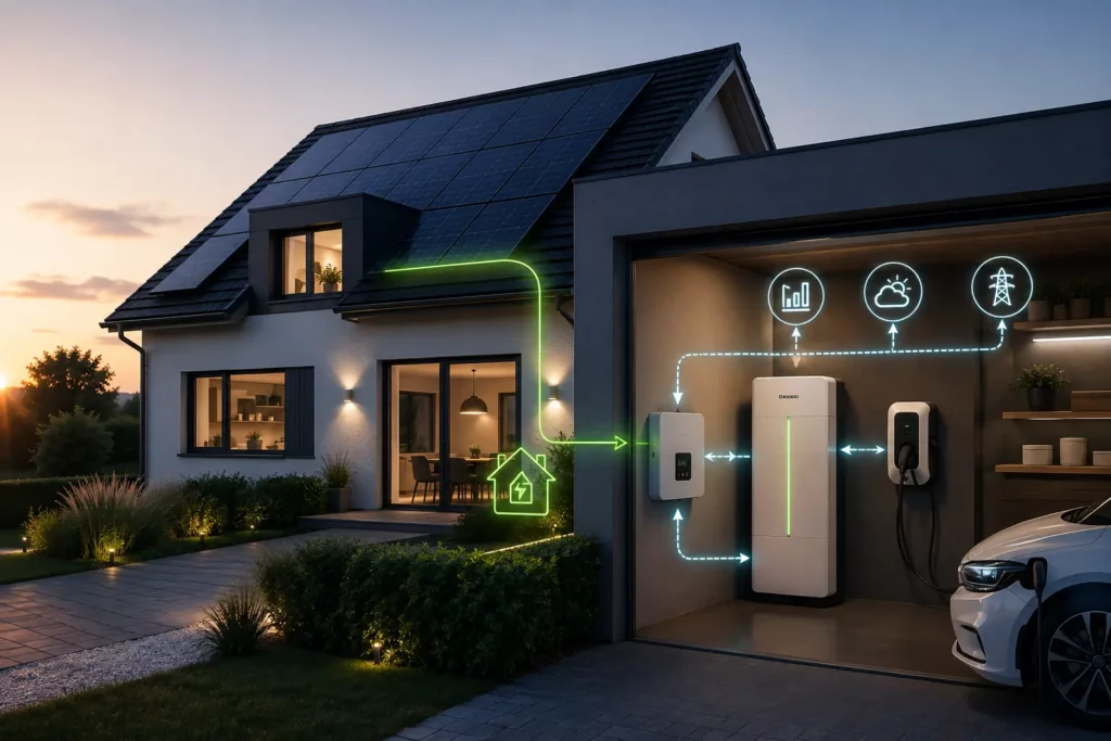 Slimme thuisbatterij met zonnepanelen, laadpaal en energiemanagementsysteem