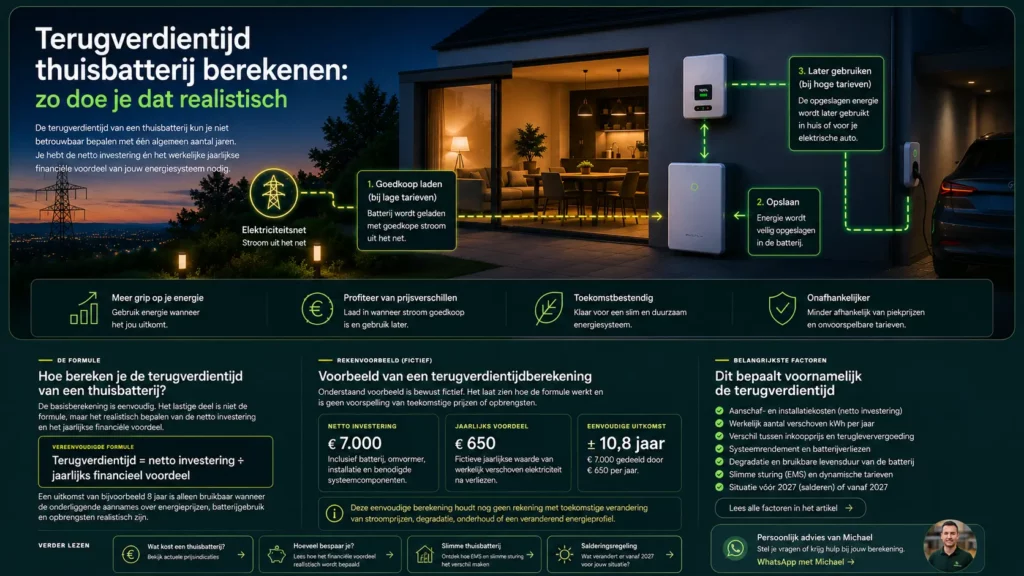Terugverdientijd van een thuisbatterij berekenen op basis van investering, energieprijzen en besparing