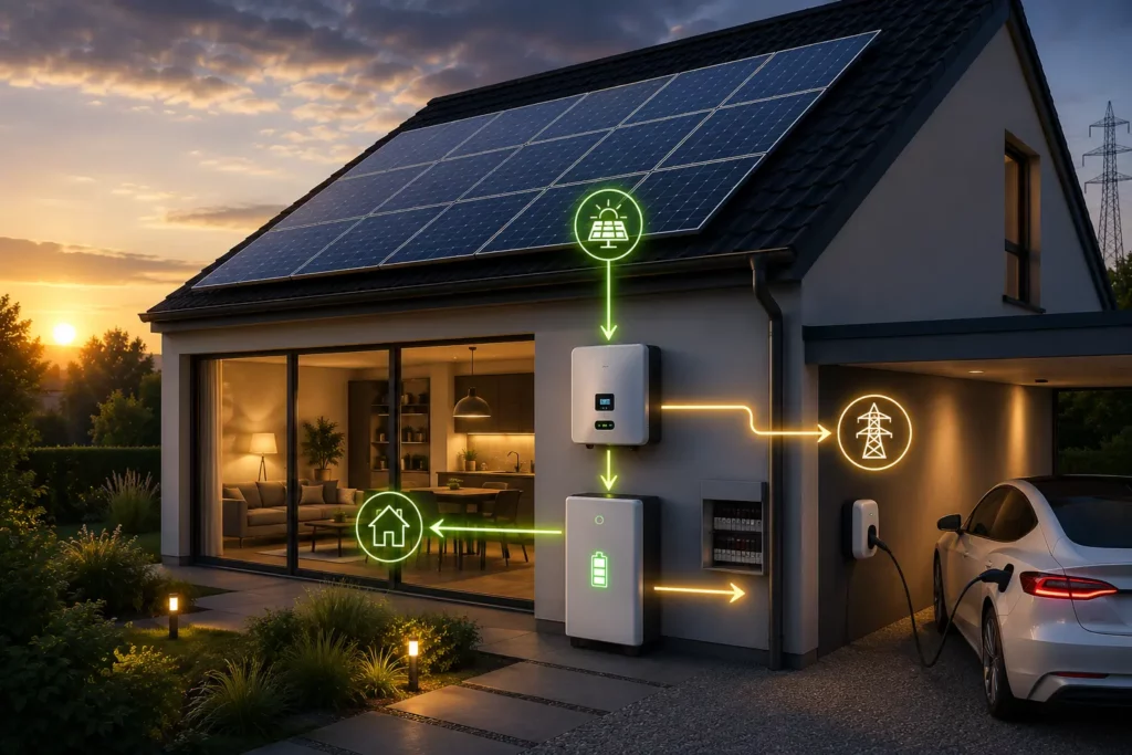 Woning met zonnepanelen, thuisbatterij en slimme energiestromen richting eigen verbruik en elektriciteitsnet