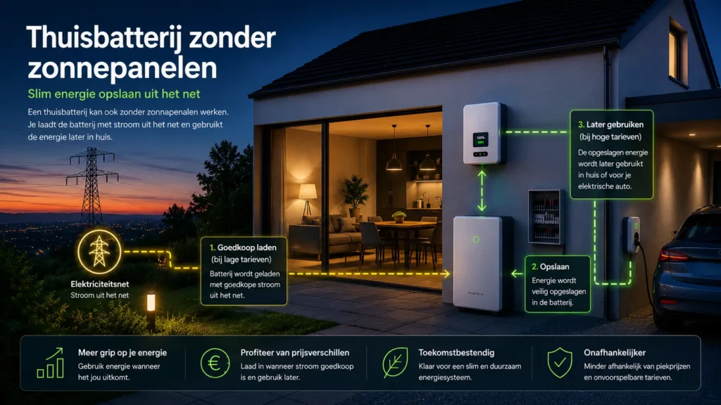 Thuisbatterij zonder zonnepanelen die slim wordt geladen met elektriciteit uit het net