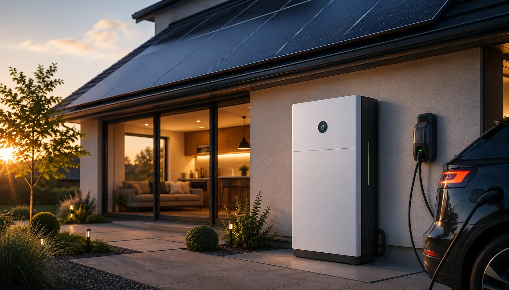 Thuisbatterij bij een woning met zonnepanelen, laadpaal en elektrische auto